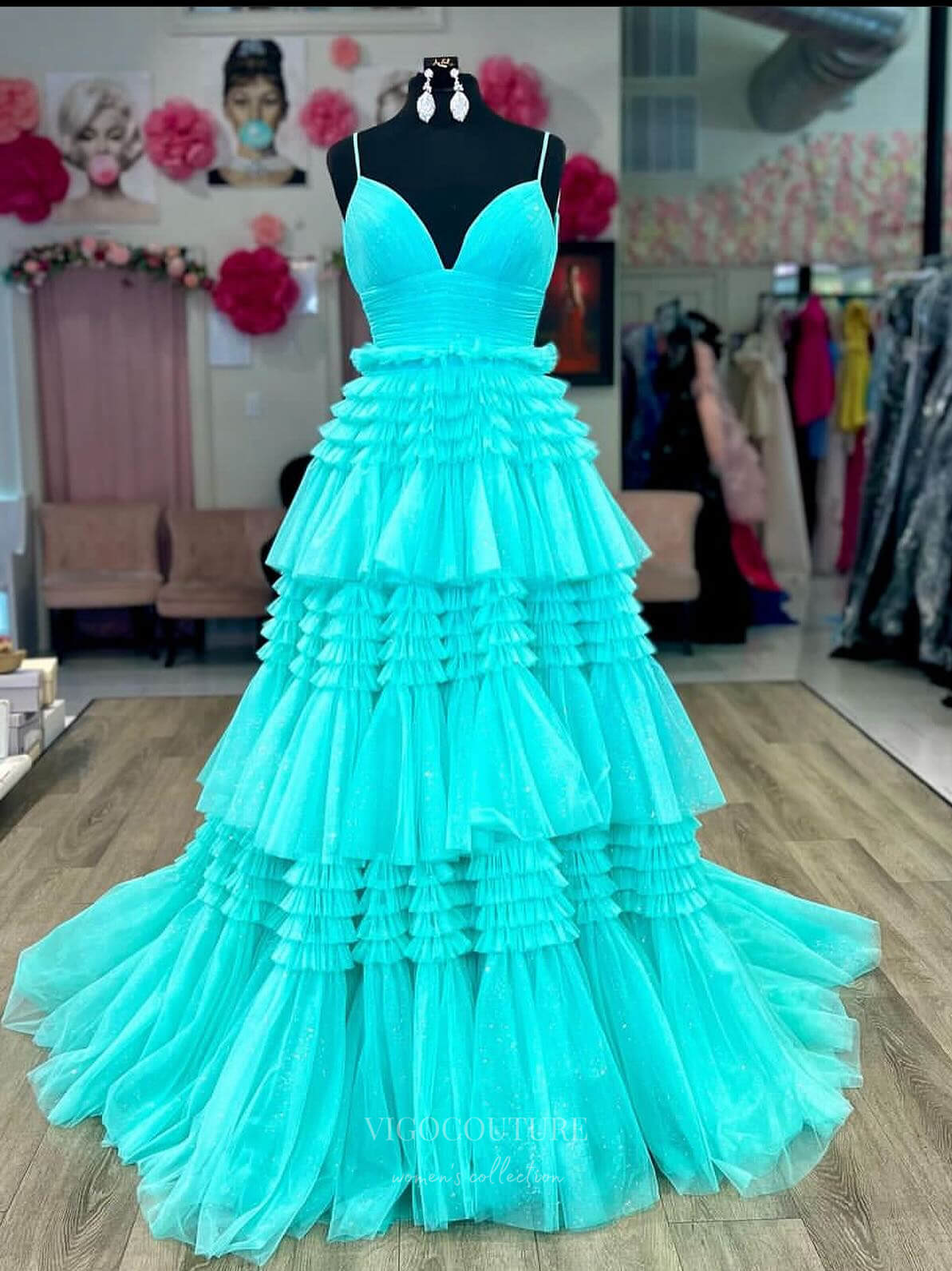 Prom Dress 2025 Sparkly Tiered Ruffled Prom Dresses Spaghetti Strap Pleated Bodice 24333-unique elegant Prom Dresses-Aqua-Custom Size-vigocouture