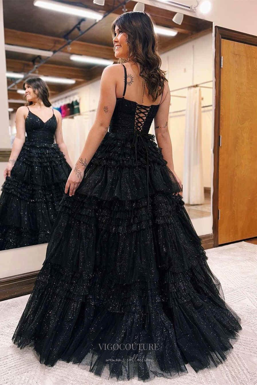 Prom Dress 2025 Sparkly Tiered Ruffled Prom Dresses Spaghetti Strap Pleated Bodice 24333-unique elegant Prom Dresses-Black-Custom Size-vigocouture