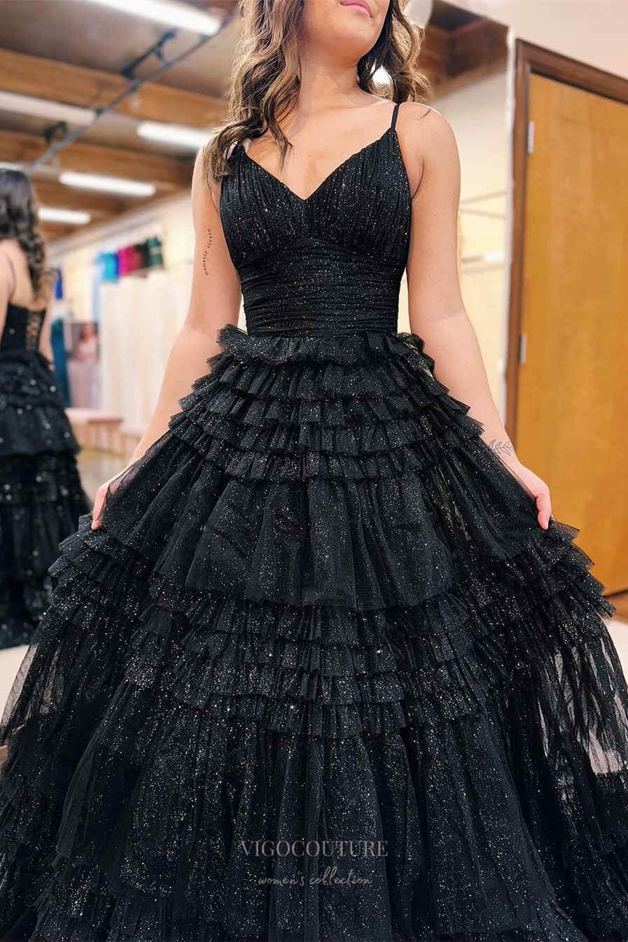 Prom Dress 2025 Sparkly Tiered Ruffled Prom Dresses Spaghetti Strap Pleated Bodice 24333-unique elegant Prom Dresses-Black-Custom Size-vigocouture