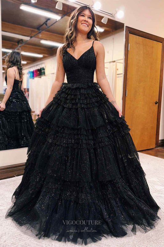 Prom Dress 2025 Sparkly Tiered Ruffled Prom Dresses Spaghetti Strap Pleated Bodice 24333-unique elegant Prom Dresses-Black-Custom Size-vigocouture