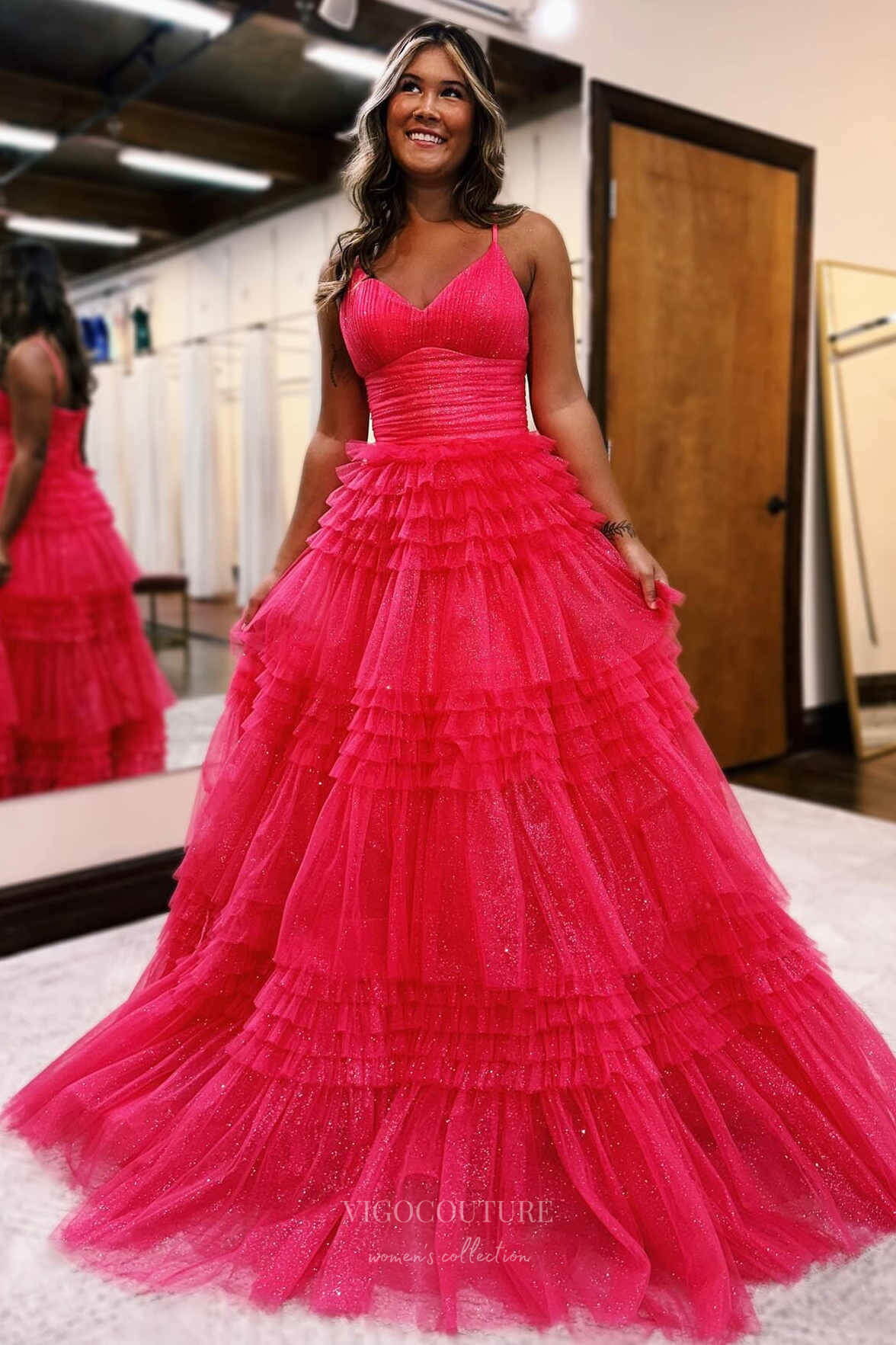 Sparkly Tiered Ruffled Prom Dresses Spaghetti Strap Pleated Bodice 243 vigocouture Sparkly Tiered Ruffled Prom Dresses Spaghetti Strap Pleated Bodice 243 vigocouture