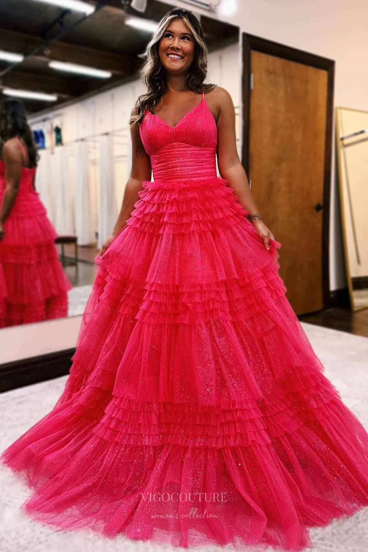 Prom Dress 2025 Sparkly Tiered Ruffled Prom Dresses Spaghetti Strap Pleated Bodice 24333-unique elegant Prom Dresses-Hot Pink-Custom Size-vigocouture