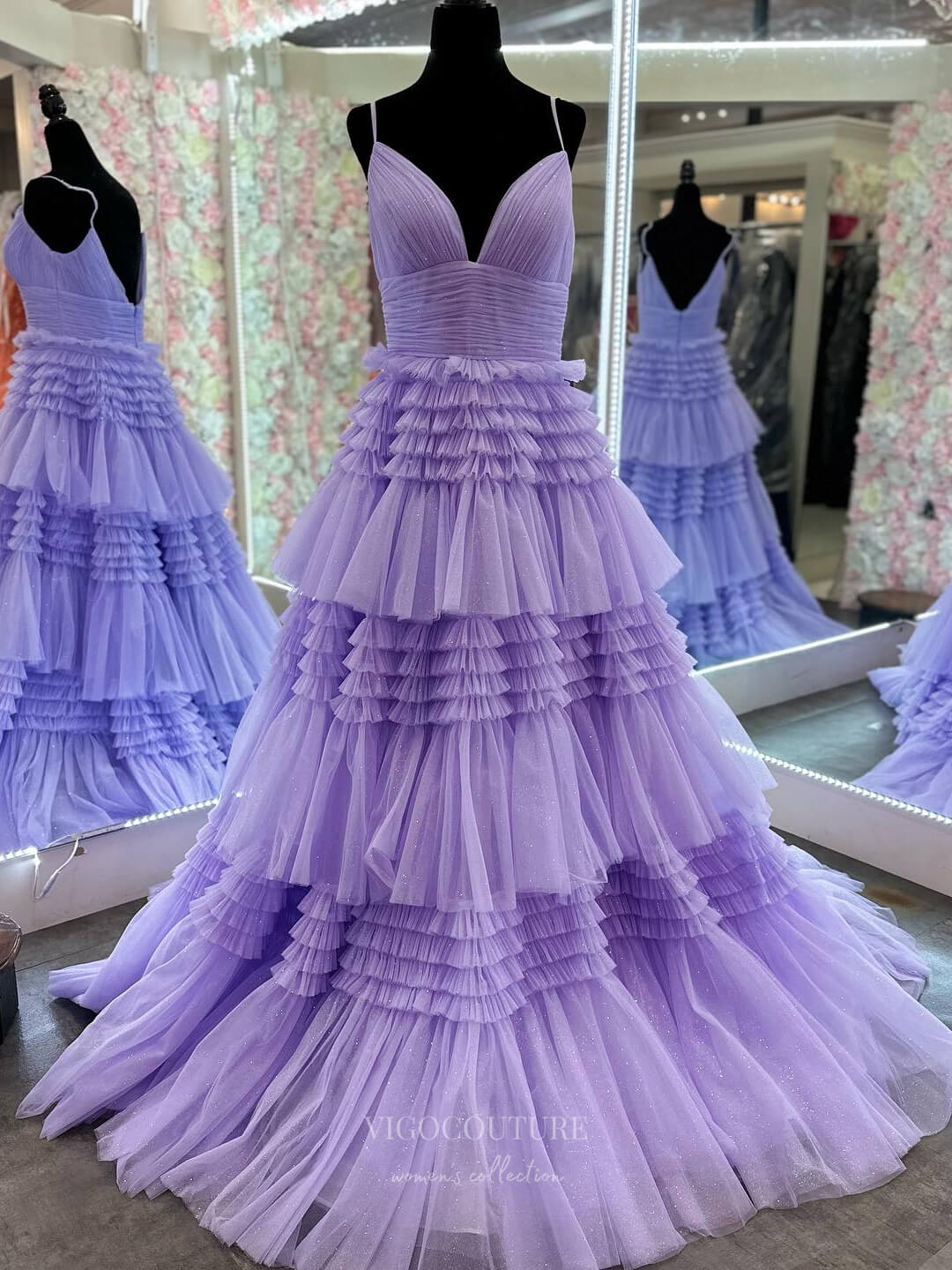 Prom Dress 2025 Sparkly Tiered Ruffled Prom Dresses Spaghetti Strap Pleated Bodice 24333-unique elegant Prom Dresses-Lavender-Custom Size-vigocouture