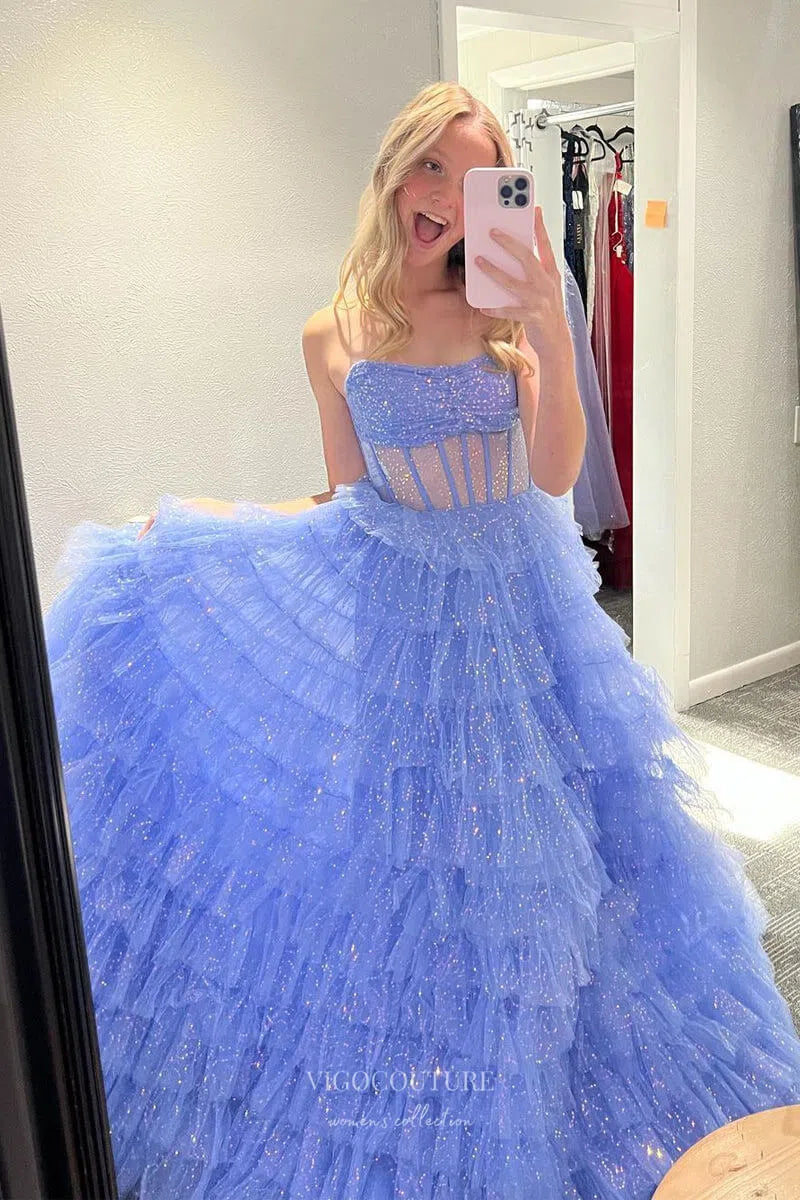 Prom Dress 2025 Sparkly Tiered Strapless Prom Dresses 2024 Pleated Sheer Boned Boidce 24234-unique elegant Prom Dresses-Blue-Custom Size-vigocouture