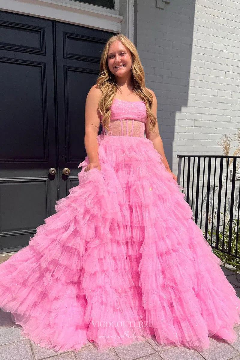 Prom Dress 2025 Sparkly Tiered Strapless Prom Dresses 2024 Pleated Sheer Boned Boidce 24234-unique elegant Prom Dresses-Pink-Custom Size-vigocouture