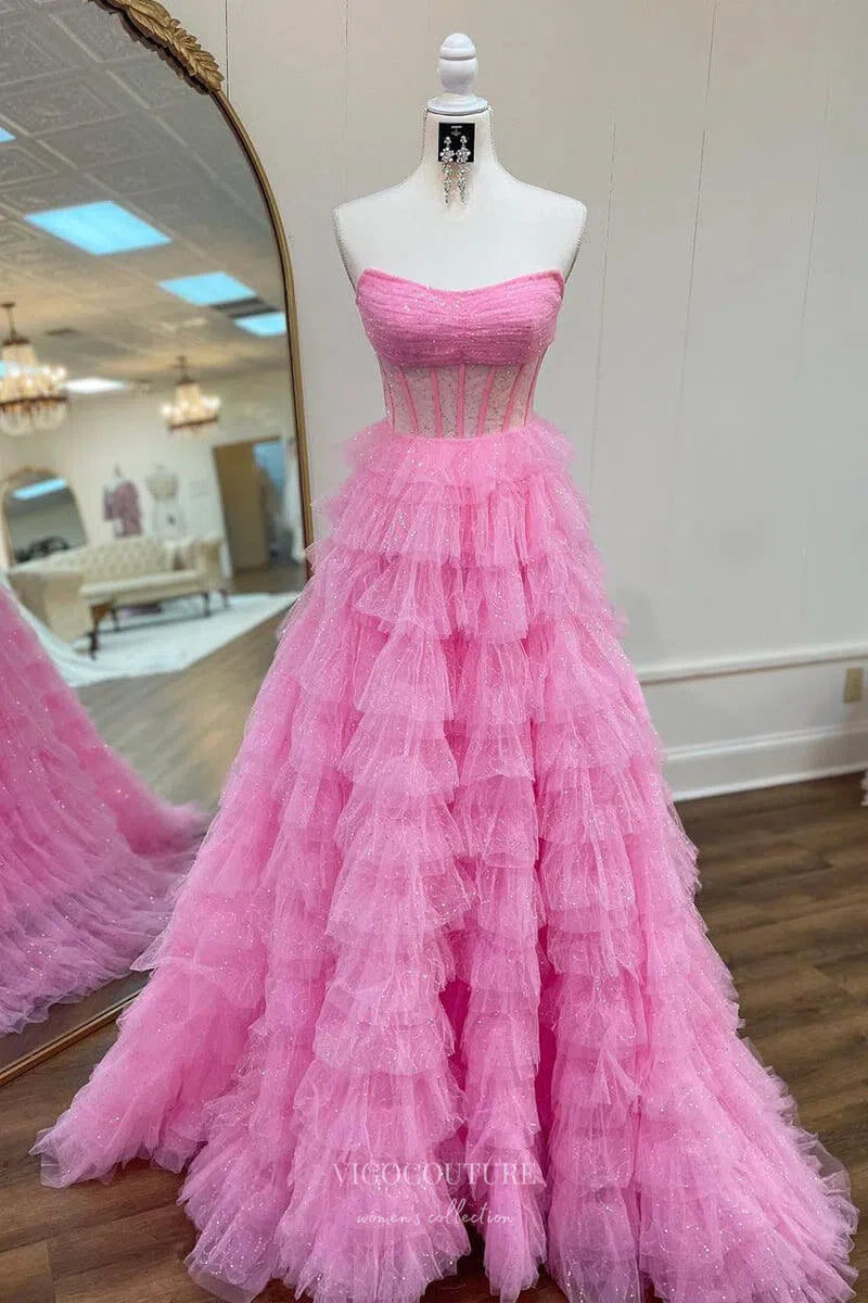 Prom Dress 2025 Sparkly Tiered Strapless Prom Dresses 2024 Pleated Sheer Boned Boidce 24234-unique elegant Prom Dresses-Pink-Custom Size-vigocouture