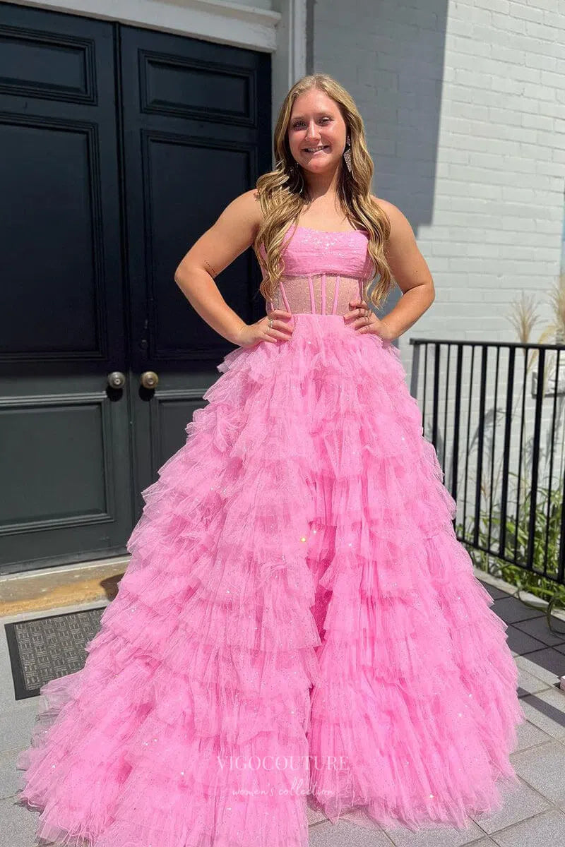 Prom Dress 2025 Sparkly Tiered Strapless Prom Dresses 2024 Pleated Sheer Boned Boidce 24234-unique elegant Prom Dresses-Pink-Custom Size-vigocouture