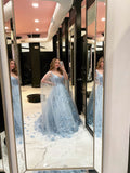 Prom Dress 2025 Sparkly Tulle 3D Floral Prom Dresses Removable Cape Formal Dresses 21536-unique elegant Prom Dresses-Light Blue-US2-vigocouture