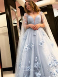 Prom Dress 2025 Sparkly Tulle 3D Floral Prom Dresses Removable Cape Formal Dresses 21536-unique elegant Prom Dresses-Light Blue-US2-vigocouture