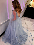 Prom Dress 2025 Sparkly Tulle 3D Floral Prom Dresses Removable Cape Formal Dresses 21536-unique elegant Prom Dresses-Light Blue-US2-vigocouture