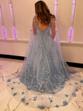 Prom Dress 2025 Sparkly Tulle 3D Floral Prom Dresses Removable Cape Formal Dresses 21536-unique elegant Prom Dresses-Light Blue-US2-vigocouture