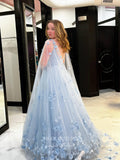 Prom Dress 2025 Sparkly Tulle 3D Floral Prom Dresses Removable Cape Formal Dresses 21536-unique elegant Prom Dresses-Light Blue-US2-vigocouture