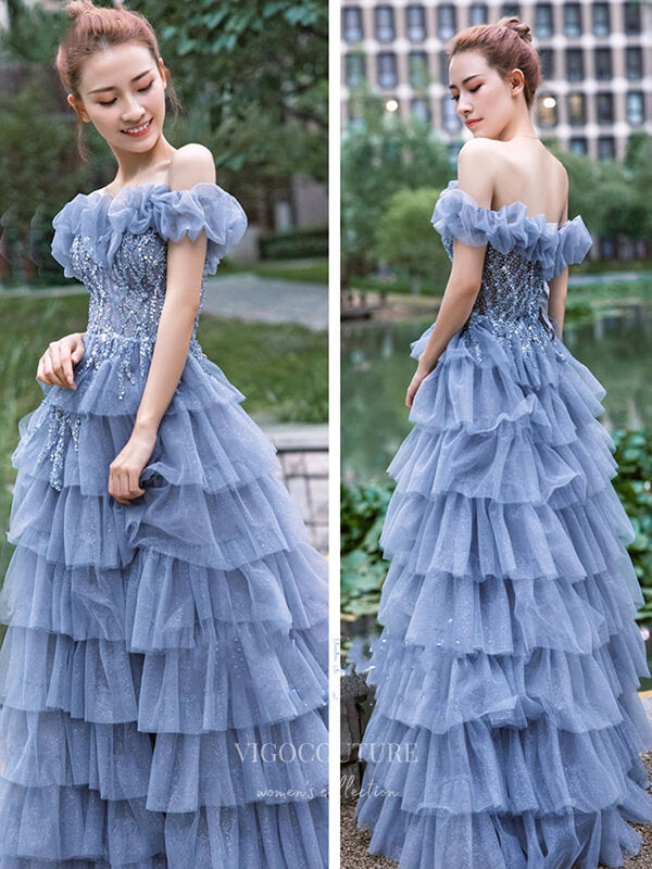 Prom Dress 2025 Sparkly Tulle Beaded Prom Dresses Off the Shoulder Evening Dresses 21230-unique elegant Prom Dresses-Blue-US2-vigocouture