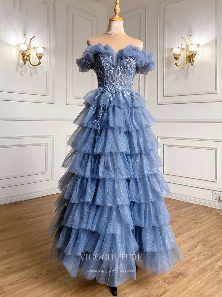 Prom Dress 2025 Sparkly Tulle Beaded Prom Dresses Off the Shoulder Evening Dresses 21230-unique elegant Prom Dresses-Blue-US2-vigocouture