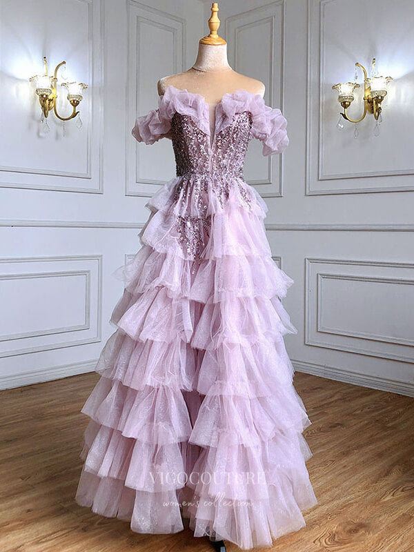 Prom Dress 2025 Sparkly Tulle Beaded Prom Dresses Off the Shoulder Evening Dresses 21230-unique elegant Prom Dresses-Blush-US2-vigocouture