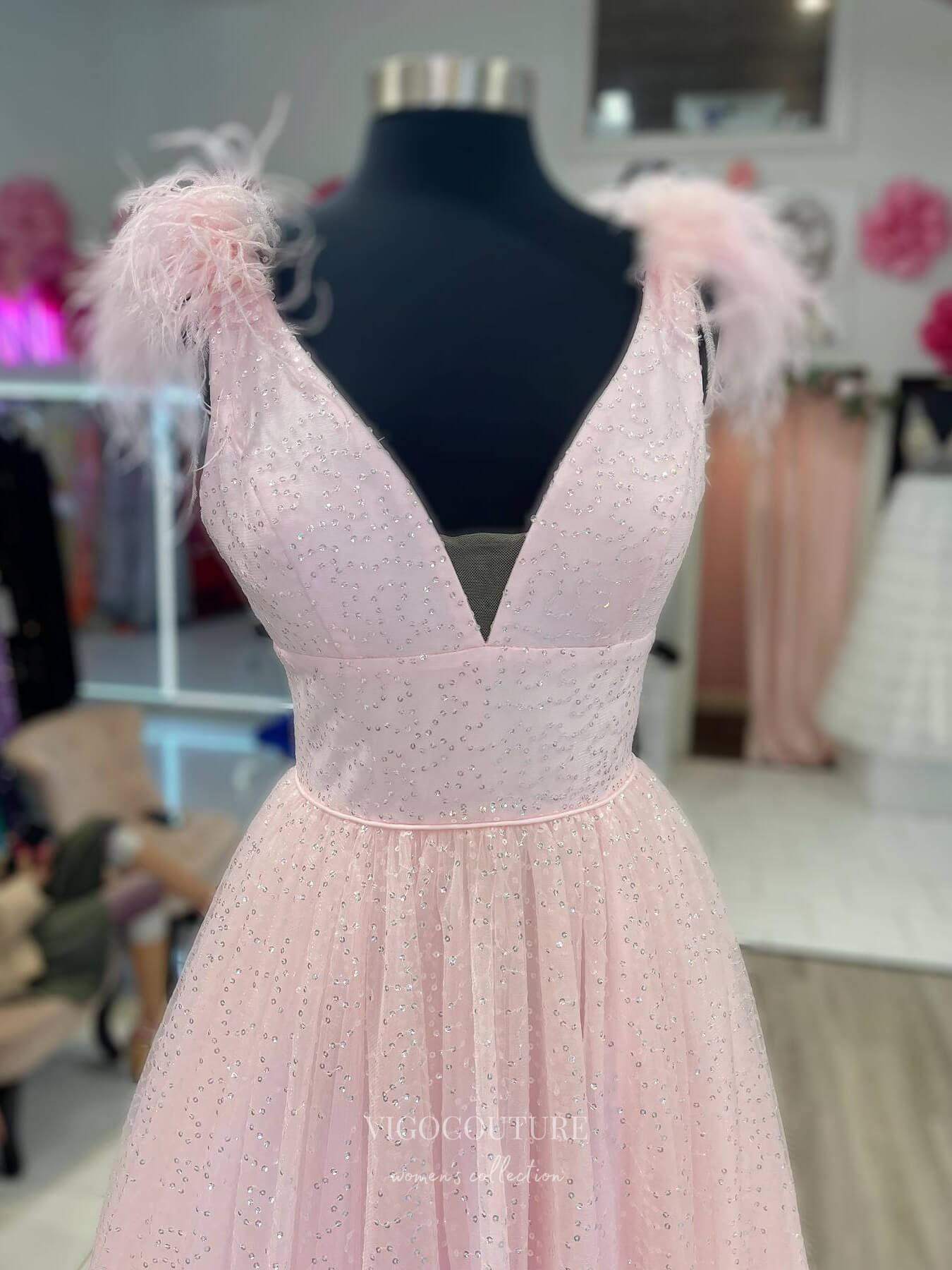 Prom Dress 2025 Sparkly Tulle Feather Cheap Prom Dresses V-Neck Formal Dress 24164-unique elegant Prom Dresses-Blush-Custom Size-vigocouture