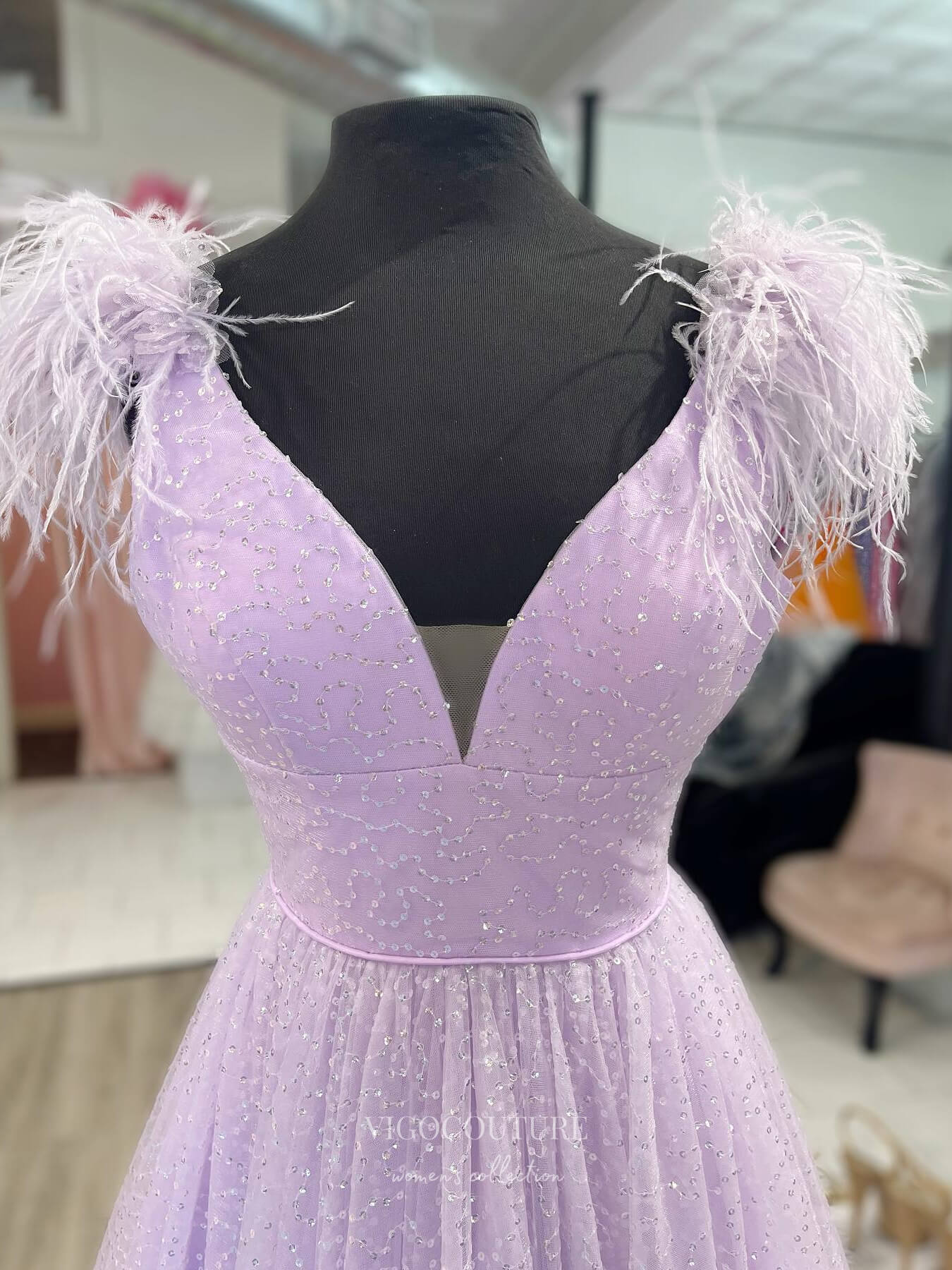 Prom Dress 2025 Sparkly Tulle Feather Cheap Prom Dresses V-Neck Formal Dress 24164-unique elegant Prom Dresses-Lavender-Custom Size-vigocouture