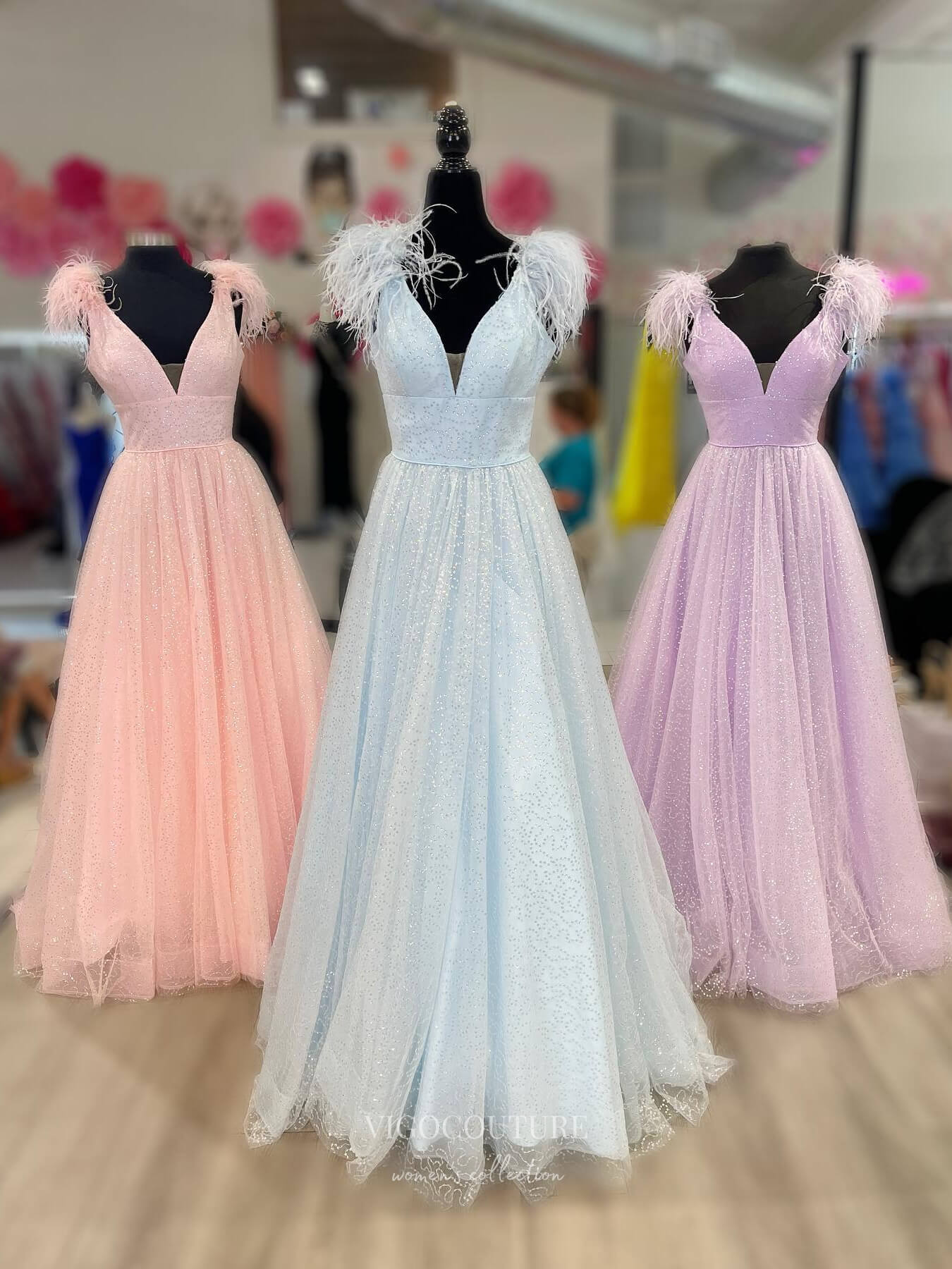 Prom Dress 2025 Sparkly Tulle Feather Cheap Prom Dresses V-Neck Formal Dress 24164-unique elegant Prom Dresses-Light Blue-Custom Size-vigocouture