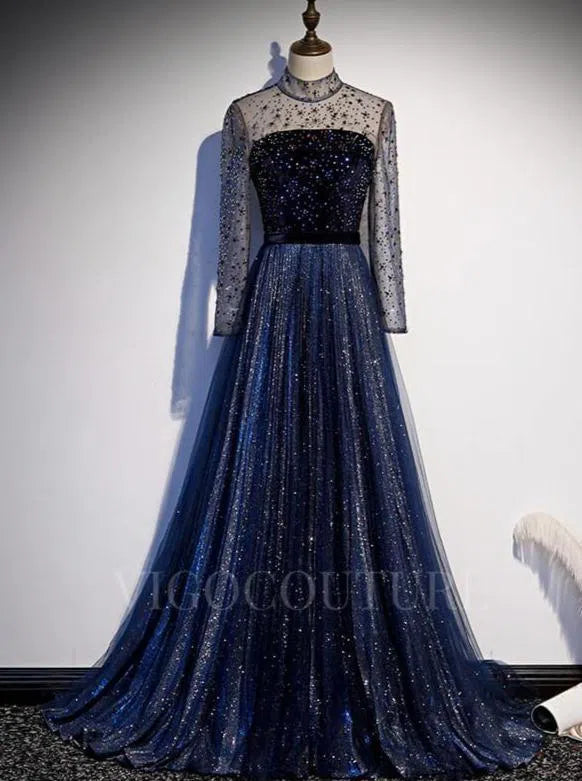 Prom Dress 2025 Sparkly Tulle Long Sleeve Prom Dress 2022 High Neck Prom Gown-unique elegant Prom Dresses-Navy Blue-US2-vigocouture