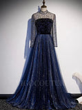 Prom Dress 2025 Sparkly Tulle Long Sleeve Prom Dress 2022 High Neck Prom Gown-unique elegant Prom Dresses-Navy Blue-US2-vigocouture