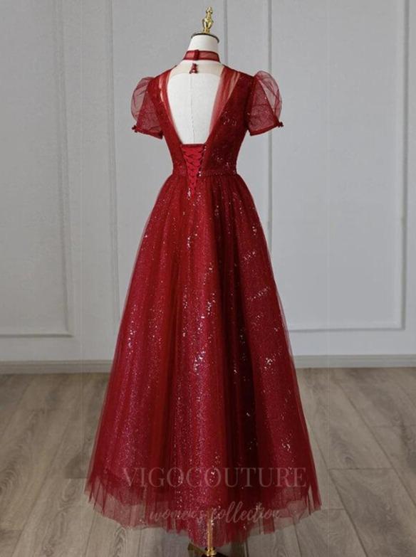 Prom Dress 2025 Sparkly Tulle Plunging V-Neck Prom Dress Puffed Sleeve 20630-unique elegant Prom Dresses-Red-US2-vigocouture