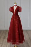 Prom Dress 2025 Sparkly Tulle Plunging V-Neck Prom Dress Puffed Sleeve 20630-unique elegant Prom Dresses-Red-US2-vigocouture