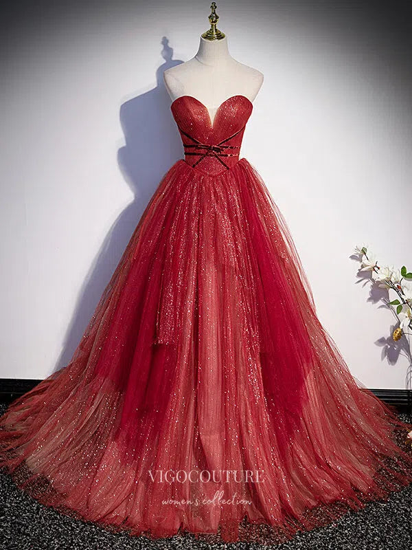 Prom Dress 2025 Sparkly Tulle Prom Dress Removable Sleeve Formal Dresses 21341-unique elegant Prom Dresses-Red-US2-vigocouture