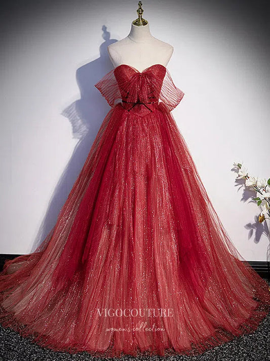 Prom Dress 2025 Sparkly Tulle Prom Dress Removable Sleeve Formal Dresses 21341-unique elegant Prom Dresses-Red-US2-vigocouture