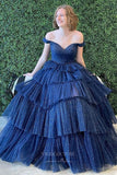 Prom Dress 2025 Sparkly Tulle Prom Dresses A-Line Off the Shoulder Formal Dresses 21539-unique elegant Prom Dresses-Navy Blue-US2-vigocouture