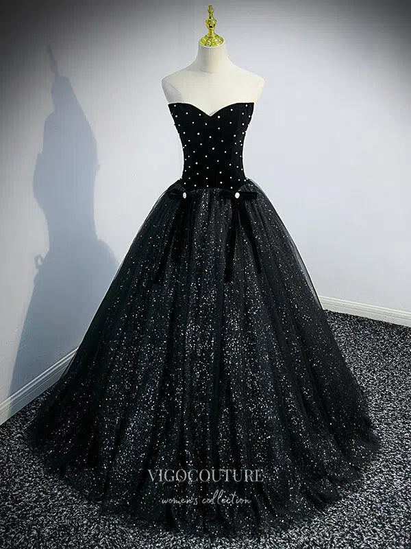 Prom Dress 2025 Sparkly Tulle Prom Dresses Removable Sleeve Formal Dresses 21327-unique elegant Prom Dresses-Black-US2-vigocouture