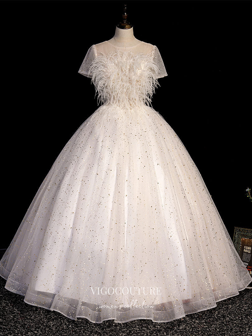 Prom Dress 2025 Sparkly Tulle Quinceanera Dresses Feather Sweet 16 Dresses 21406-unique elegant Prom Dresses-Ivory-Custom Size-vigocouture