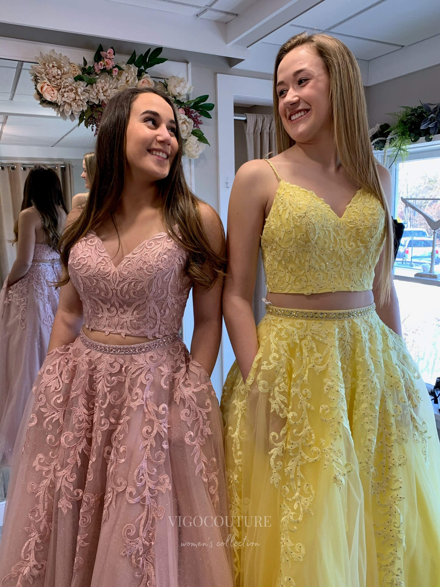 Sparkly Two Piece Lace Applique Prom Dresses with Pockets Spaghetti St vigocouture Sparkly Two Piece Lace Applique Prom Dresses with Pockets Spaghetti St vigocouture