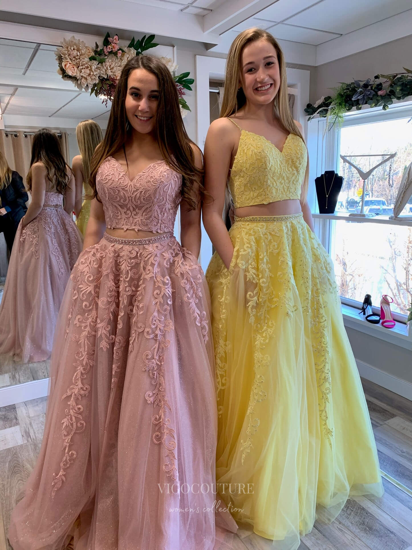 Sparkly Two Piece Lace Applique Prom Dresses with Pockets Spaghetti St vigocouture Sparkly Two Piece Lace Applique Prom Dresses with Pockets Spaghetti St vigocouture