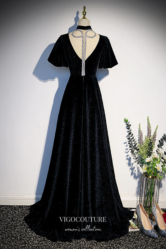 Prom Dress 2025 Sparkly Velvet Formal Dress A-Line V-Neck Prom Dresses 21643-unique elegant Prom Dresses-Black-US2-vigocouture