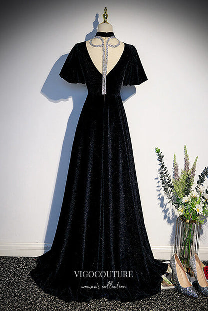 Prom Dress 2025 Sparkly Velvet Formal Dress A-Line V-Neck Prom Dresses 21643-unique elegant Prom Dresses-Black-US2-vigocouture