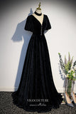 Prom Dress 2025 Sparkly Velvet Formal Dress A-Line V-Neck Prom Dresses 21643-unique elegant Prom Dresses-Black-US2-vigocouture