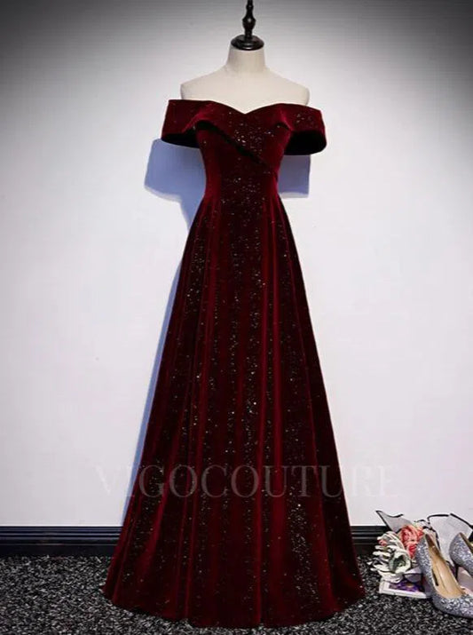 Prom Dress 2025 Sparkly Velvet Prom Dress 2022 Off the Shoulder Prom Gown-unique elegant Prom Dresses-Burgundy-US2-vigocouture