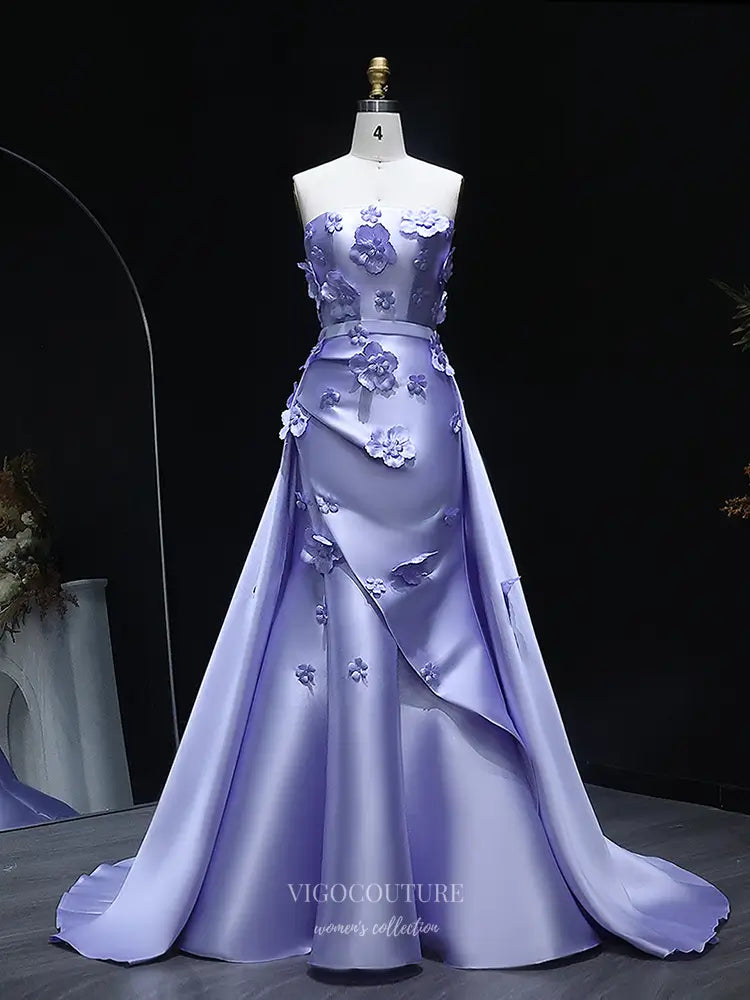 Strapless 3D Floral Appliqué Satin Ball Gown with Overskirt – Style 25338