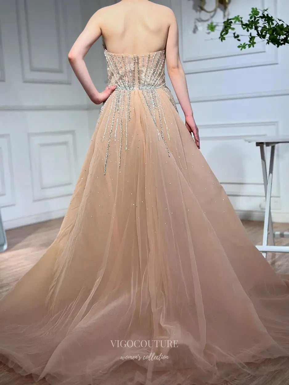 Beaded Strapless Gown with Overskirt and Slit Style 25325 Beige / 16 Beaded Strapless Gown with Overskirt and Slit Style 25325 Beige / 16