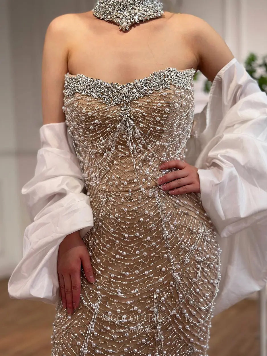 Strapless Beaded Evening Gown with Choker Neckline & Sheer Train - Style 25317 | VIGO COUTURE Beige / 16 Strapless Beaded Evening Gown with Choker Neckline & Sheer Train - Style 25317 | VIGO COUTURE Beige / 16