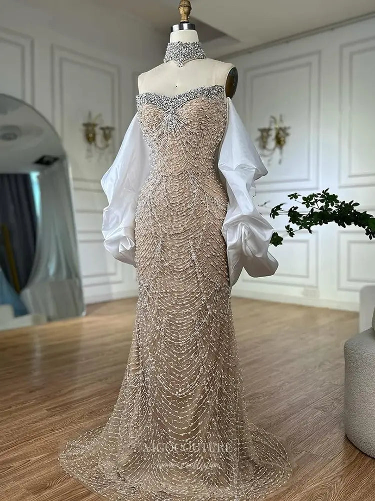 sheer beaded dress Strapless Beaded Evening Gown with Choker Neckline & Sheer Train - Style 25317