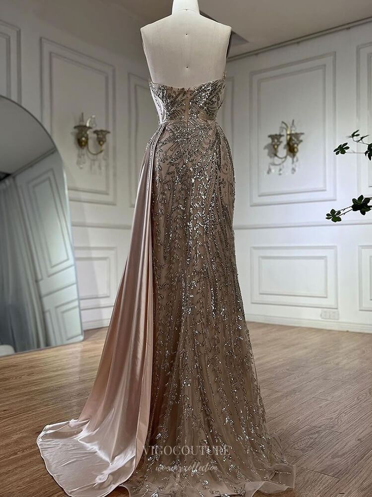 Prom Dress 2025 Strapless Beaded Lace Mermaid Prom Dresses with Overskirt Satin Pageant Dress 25002-unique elegant Prom Dresses-As Pictured-US2-vigocouture