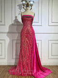 Prom Dress 2025 Strapless Beaded Lace Mermaid Prom Dresses with Overskirt Satin Pageant Dress 25002-unique elegant Prom Dresses-Fuchsia-US2-vigocouture