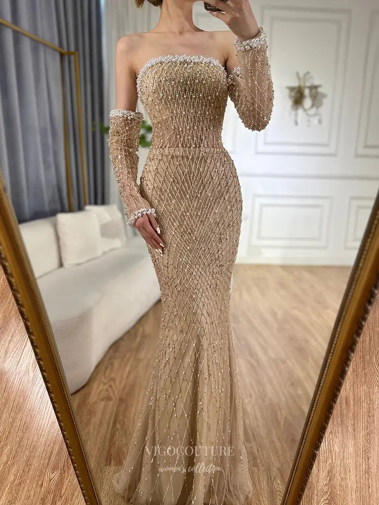 Strapless Beaded Mermaid Gown with Long Pearl-Embellished Sleeves - Style 25319