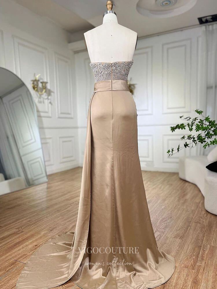 Prom Dress 2025 Strapless Beaded Mermaid Prom Dresses with Slit Satin Overskirt Pageant Dress 24519-unique elegant Prom Dresses-Green-US2-vigocouture