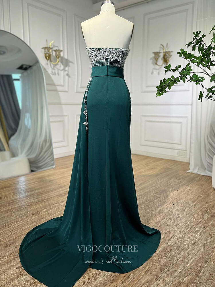 Prom Dress 2025 Strapless Beaded Mermaid Prom Dresses with Slit Satin Overskirt Pageant Dress 24519-unique elegant Prom Dresses-Green-US2-vigocouture