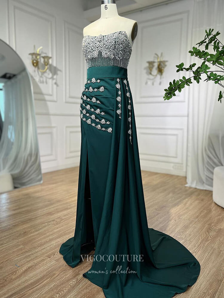 Prom Dress 2025 Strapless Beaded Mermaid Prom Dresses with Slit Satin Overskirt Pageant Dress 24519-unique elegant Prom Dresses-Green-US2-vigocouture