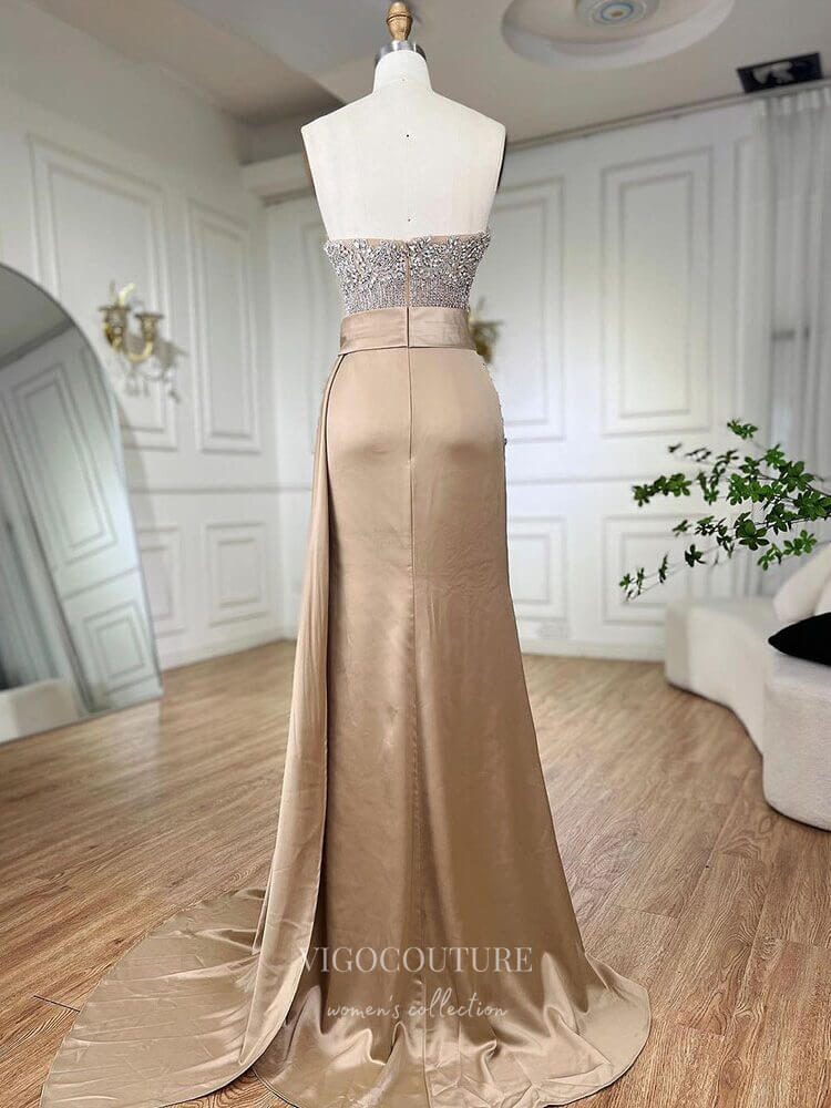 Strapless Beaded Mermaid Prom Dresses with Slit Satin Overskirt Pageant Dress 24519 Khaki / US6 Strapless Beaded Mermaid Prom Dresses with Slit Satin Overskirt Pageant Dress 24519 Khaki / US6