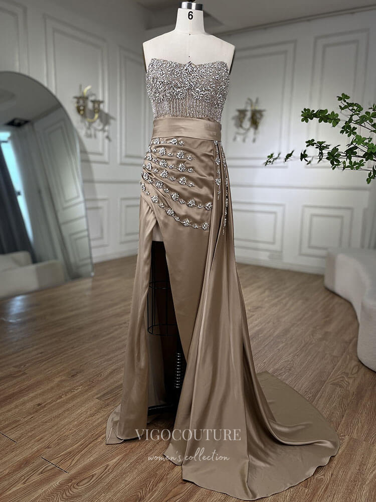 Prom Dress 2025 Strapless Beaded Mermaid Prom Dresses with Slit Satin Overskirt Pageant Dress 24519-unique elegant Prom Dresses-Khaki-US2-vigocouture