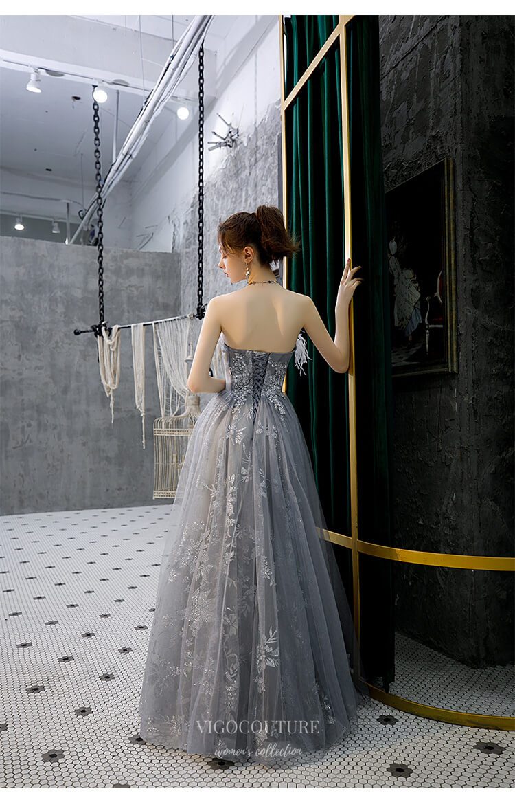 grey prom dresses 2021 Gray A-Line Off the Shoulder Tulle Prom Dress, Lovely Corset Floor Length Party Dress, Gray / 18